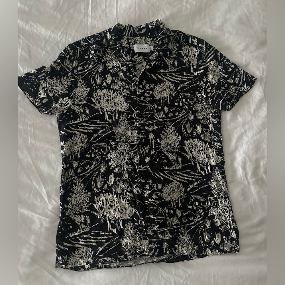 Topman Black and White Short-Sleeve Button-Up Shirt